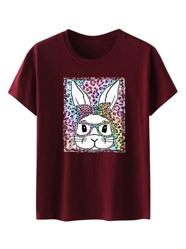 Women's Leopard Rabbit Graphic Print Short Sleeve T-shirt