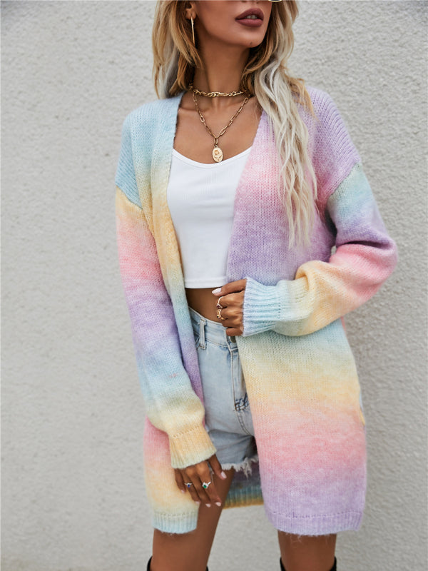 Women's Sweater Rainbow Tie-Dye Mid-Length Oversized Cardigan Pocket Knit Jacket