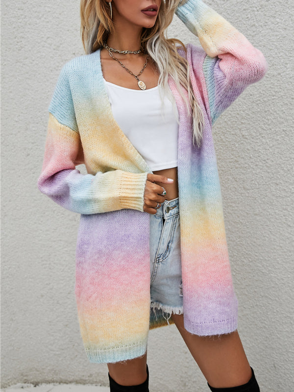 Women's Sweater Rainbow Tie-Dye Mid-Length Oversized Cardigan Pocket Knit Jacket