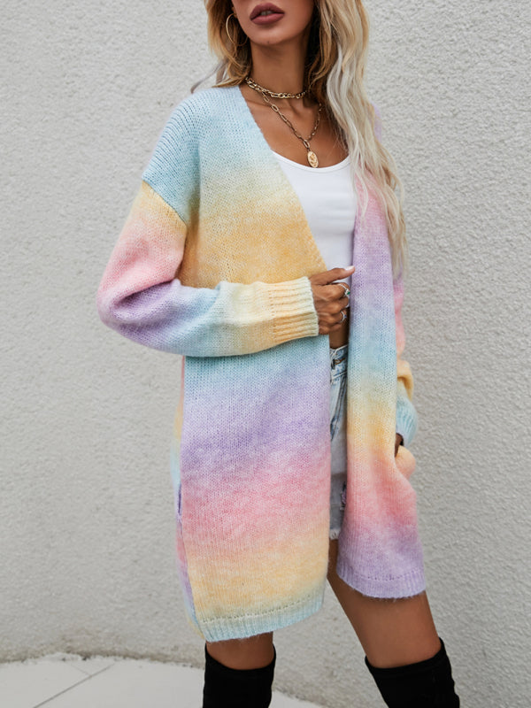 Women's Sweater Rainbow Tie-Dye Mid-Length Oversized Cardigan Pocket Knit Jacket