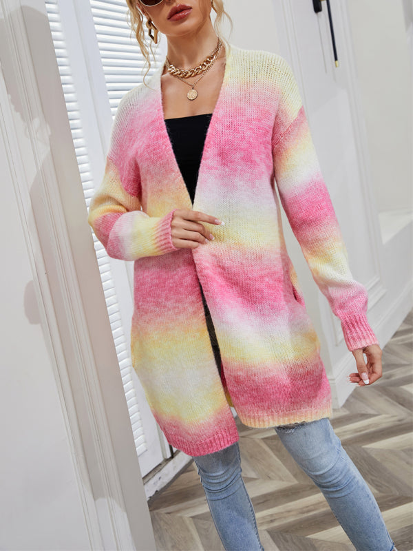 Women's Sweater Rainbow Tie-Dye Mid-Length Oversized Cardigan Pocket Knit Jacket