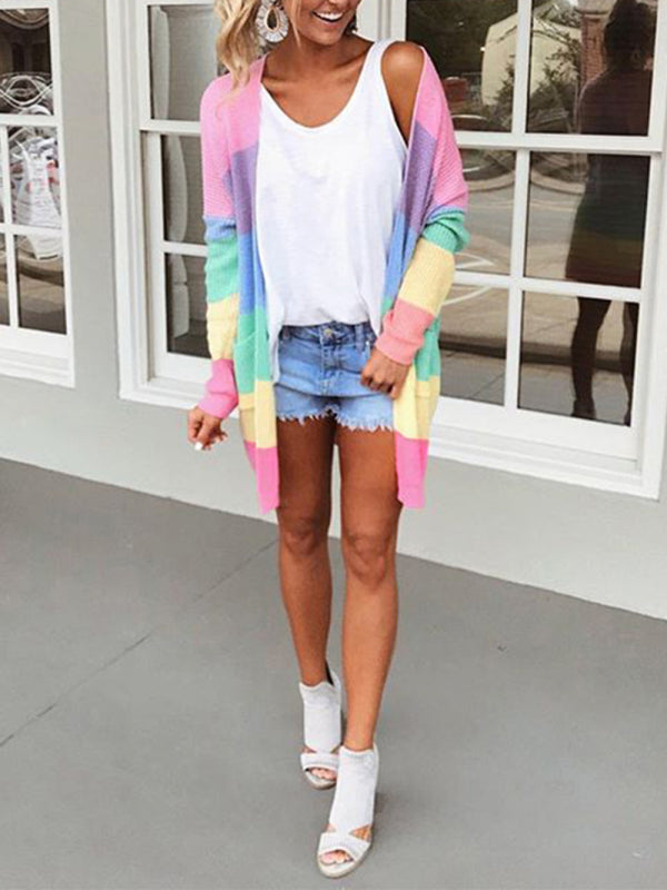 Women's Sweater Loose Color Long Sleeve Contrasting Color Striped Knit Cardigan Jacket