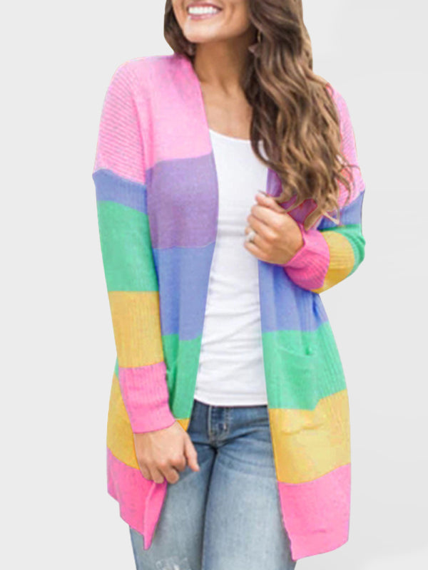 Women's Sweater Loose Color Long Sleeve Contrasting Color Striped Knit Cardigan Jacket