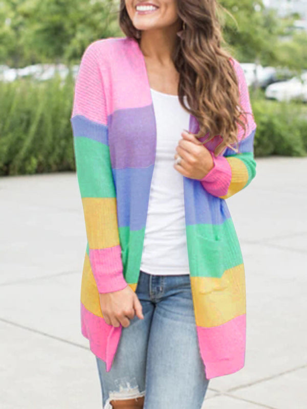 Women's Sweater Loose Color Long Sleeve Contrasting Color Striped Knit Cardigan Jacket