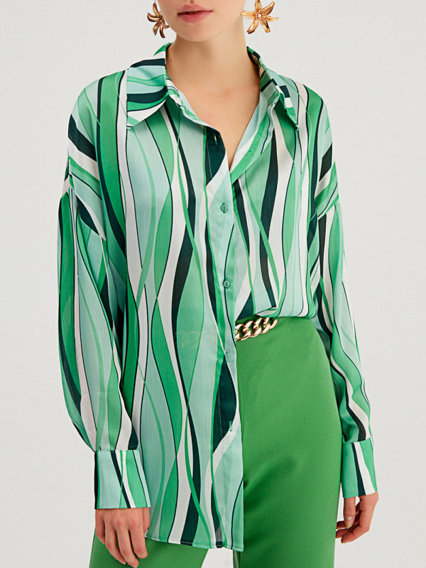 Women's Mixed Print Long-sleeve Silk Button-up Blouse