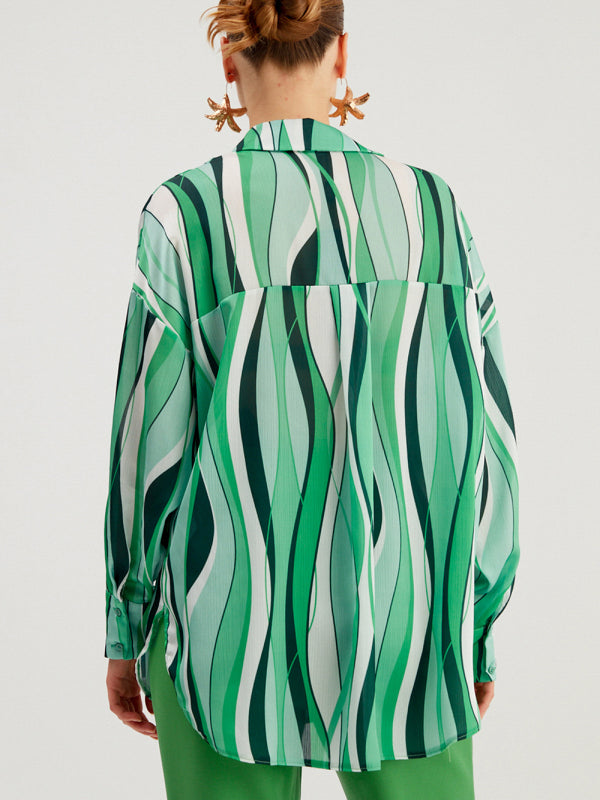 Women's Mixed Print Long-sleeve Silk Button-up Blouse