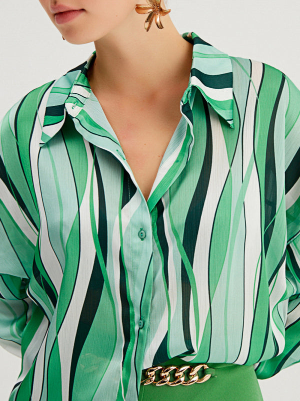 Women's Mixed Print Long-sleeve Silk Button-up Blouse