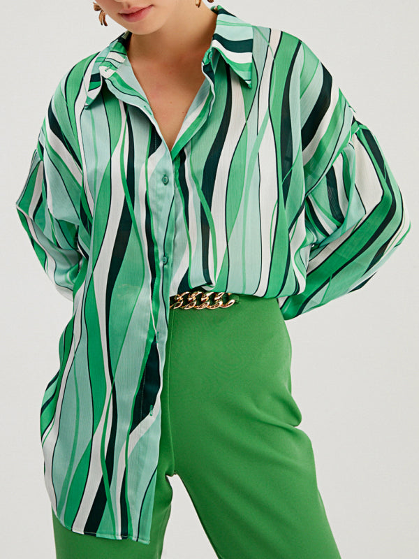 Women's Mixed Print Long-sleeve Silk Button-up Blouse
