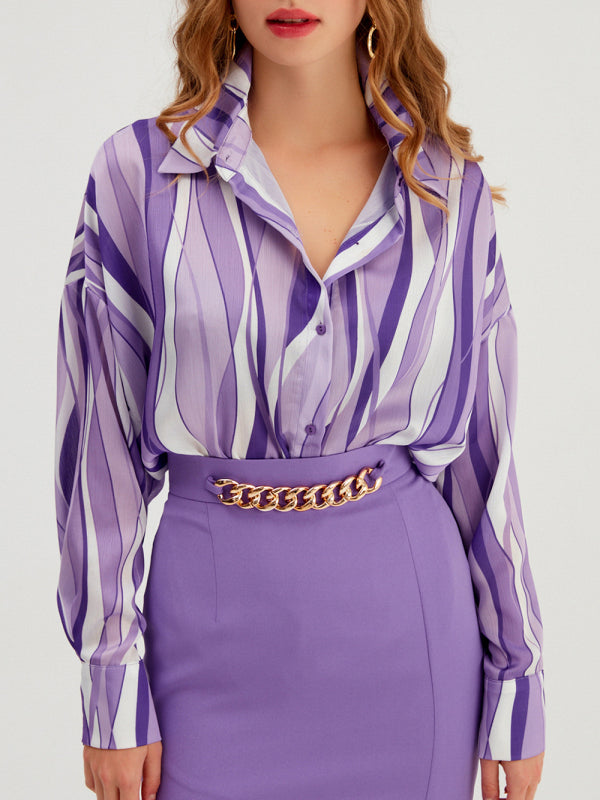 Women's Mixed Print Long-sleeve Silk Button-up Blouse