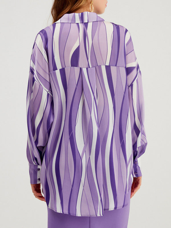 Women's Mixed Print Long-sleeve Silk Button-up Blouse
