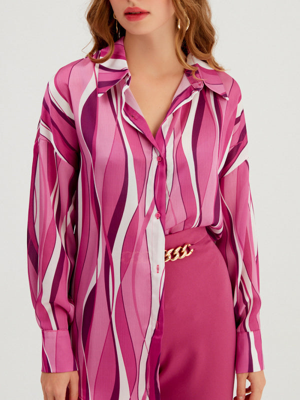Women's Mixed Print Long-sleeve Silk Button-up Blouse