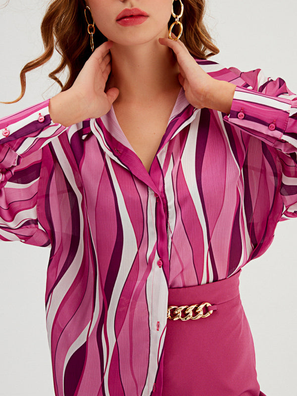 Women's Mixed Print Long-sleeve Silk Button-up Blouse