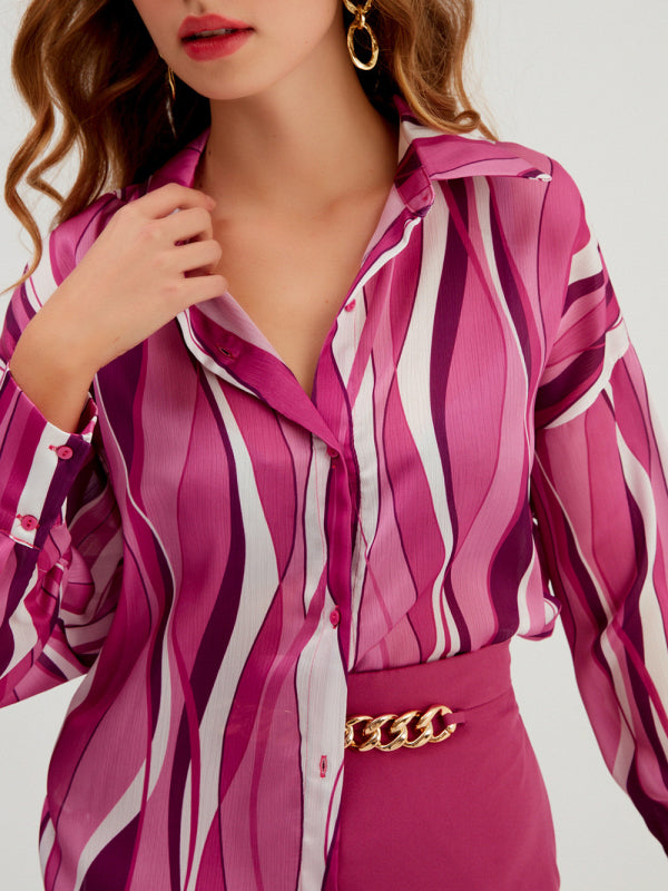 Women's Mixed Print Long-sleeve Silk Button-up Blouse