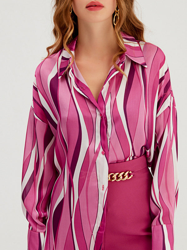 Women's Mixed Print Long-sleeve Silk Button-up Blouse