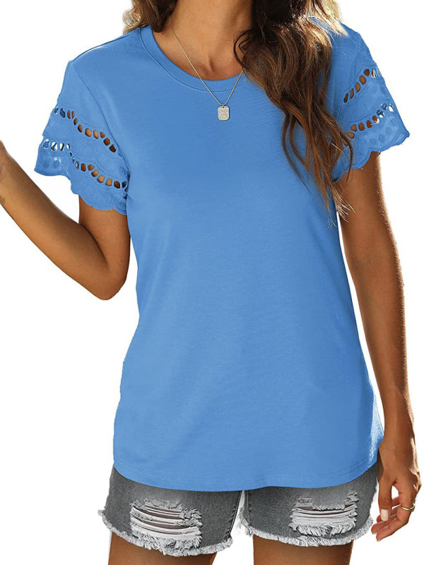 Women's Solid Color Lace Sleeve Knit Top