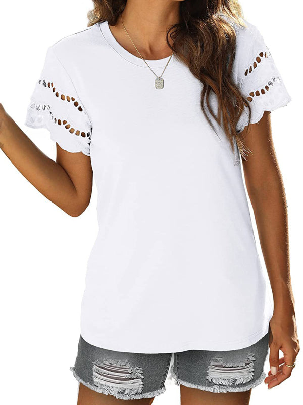 Stylish women's fashion - Solid color lace sleeve knit top. Versatile and chic clothing option, perfect for any occasion. Elevate your wardrobe with this elegant lace sleeve design.