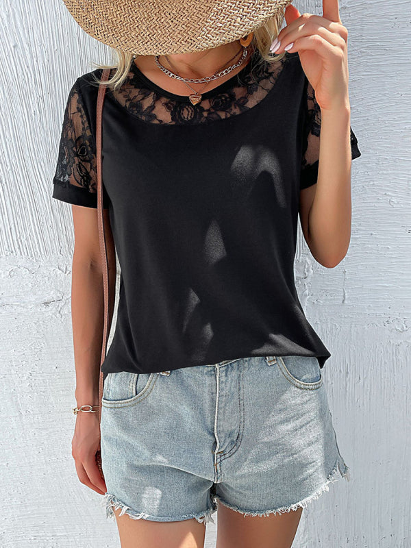 Women's Solid Color Lace-york Short-sleeve Top
