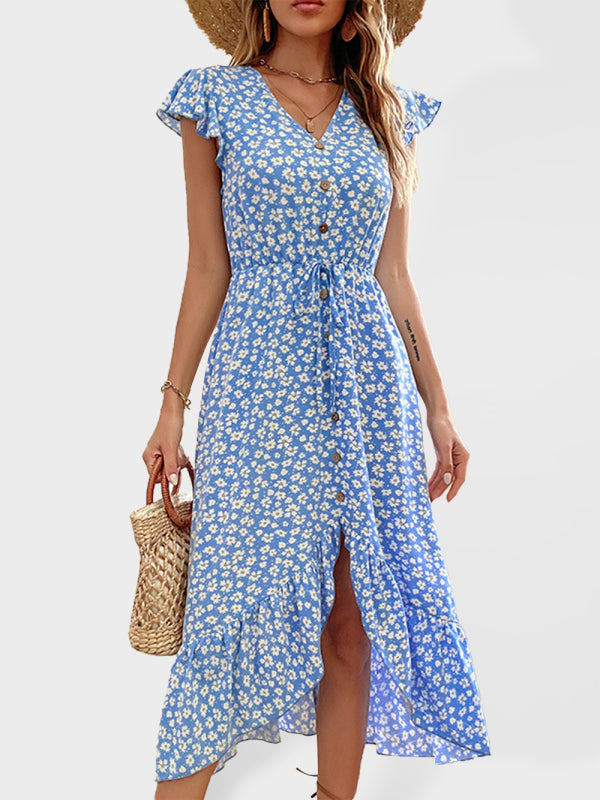 Women's Floral Print Flutter Sleeve V-neck Midi Dress