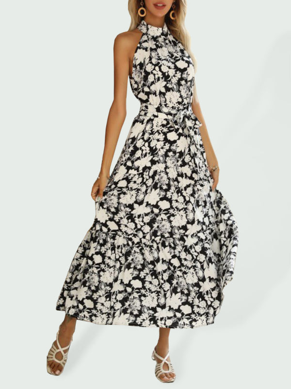 Women's Summer French Halter Neck Sleeveless Slit Print Sexy Dress