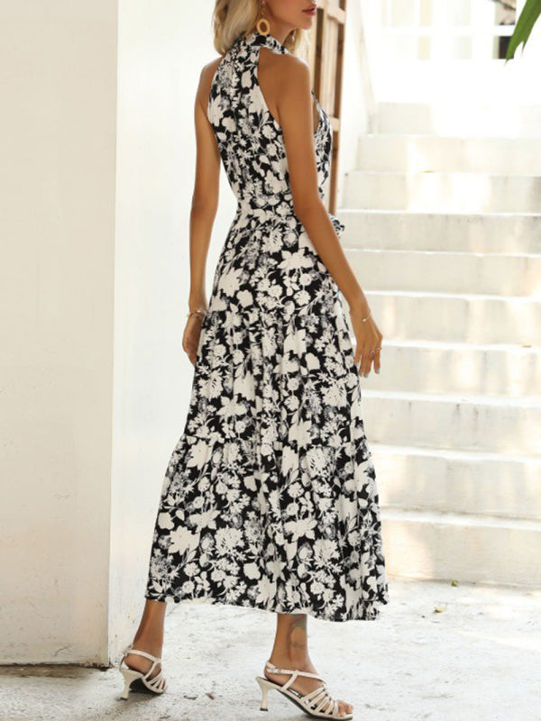 Women's Summer French Halter Neck Sleeveless Slit Print Sexy Dress