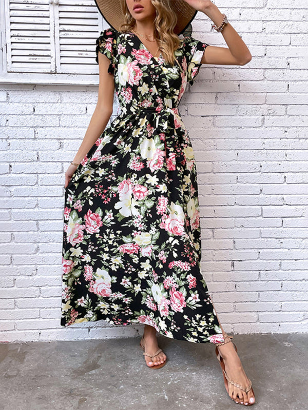 Women's European and American summer vacation mid-length slit floral dress