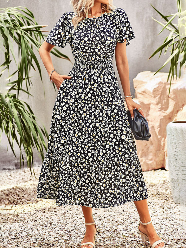 Women's Floral Dress Summer Temperament Elegant Waist Short Sleeve Long Dress