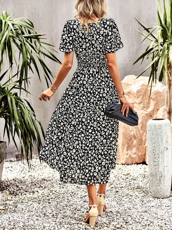 Women's Floral Dress Summer Temperament Elegant Waist Short Sleeve Long Dress