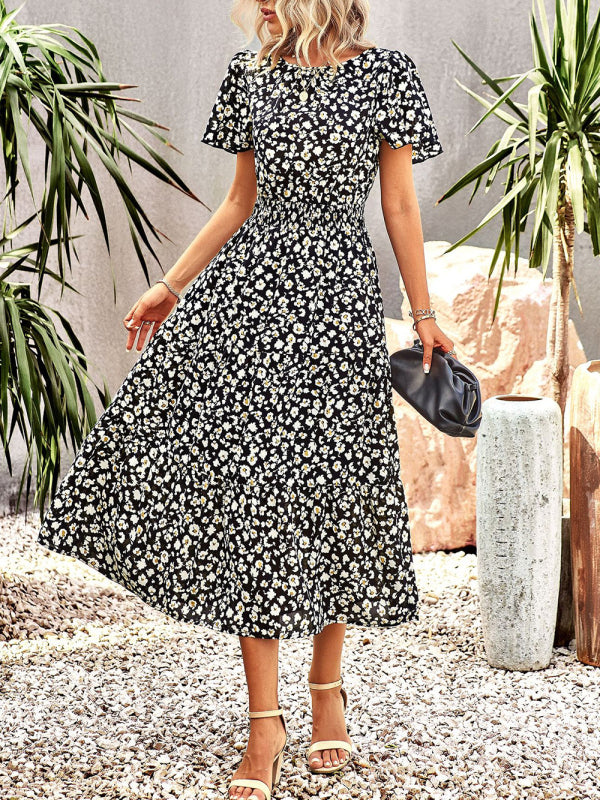 Women's Floral Dress Summer Temperament Elegant Waist Short Sleeve Long Dress