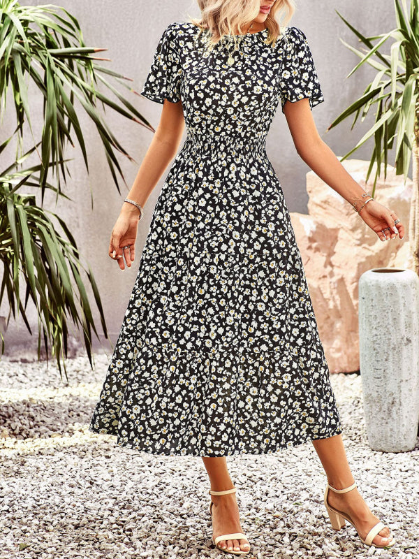Women's Floral Dress Summer Temperament Elegant Waist Short Sleeve Long Dress