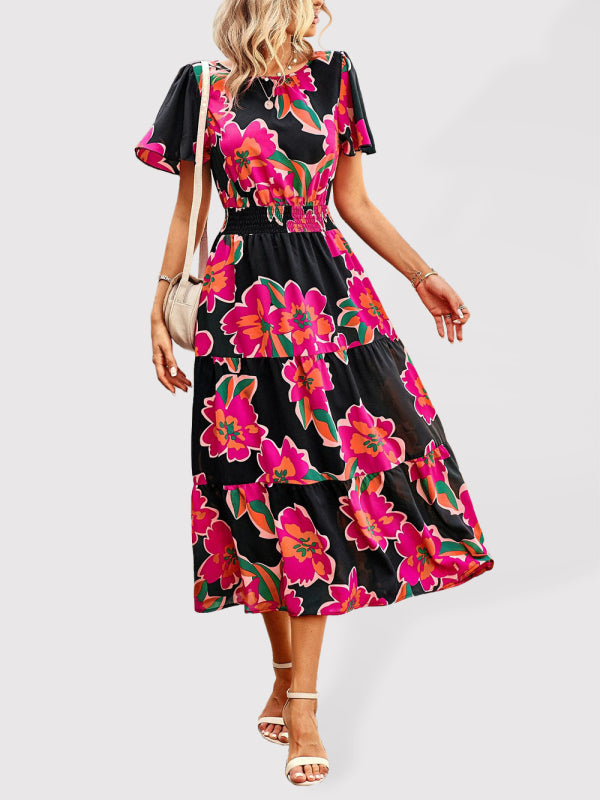 Women's Floral Dress Summer Temperament Elegant Waist Short Sleeve Long Dress