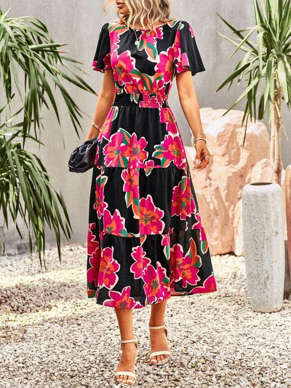 Women's Floral Dress Summer Temperament Elegant Waist Short Sleeve Long Dress
