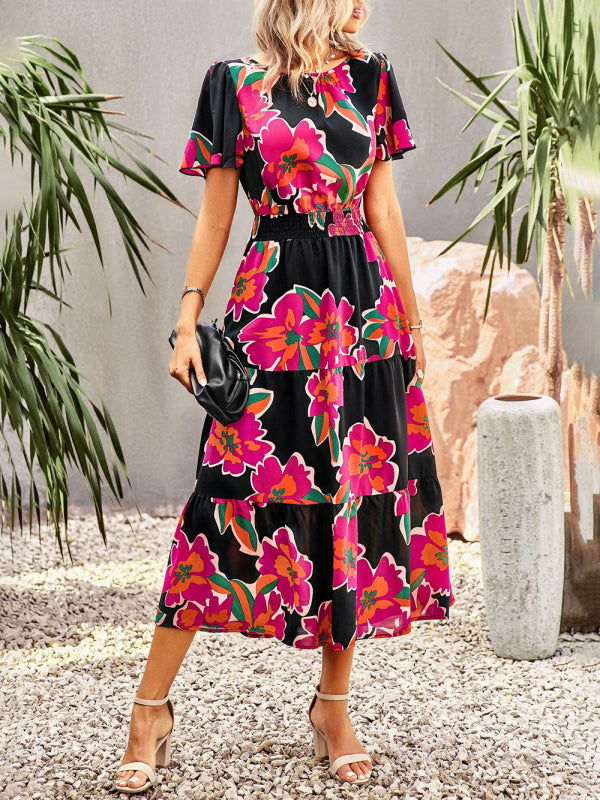 Women's Floral Dress Summer Temperament Elegant Waist Short Sleeve Long Dress