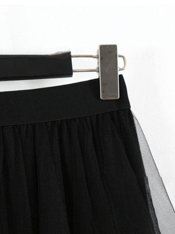 Women's Mesh splicing skirt high waist slimming solid color mid-length fairy skirt