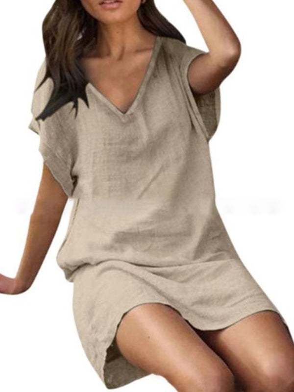 Women's Cotton linen solid color loose V-neck short-sleeved dress