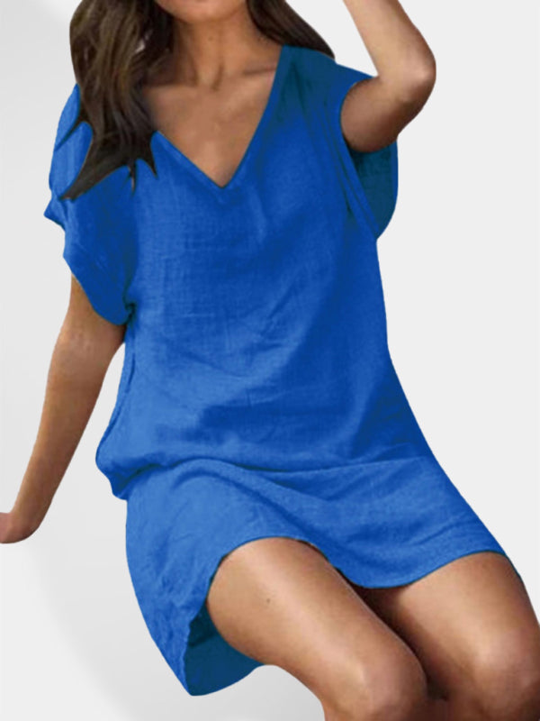 Women's Cotton linen solid color loose V-neck short-sleeved dress
