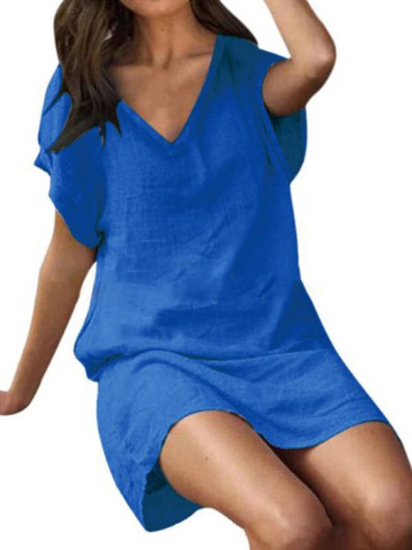 Women's Cotton linen solid color loose V-neck short-sleeved dress