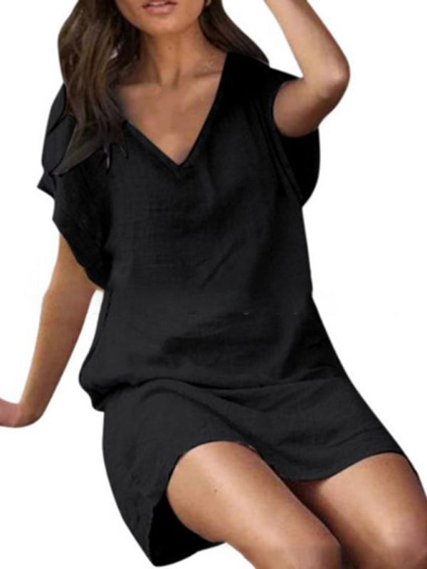 Women's Cotton linen solid color loose V-neck short-sleeved dress