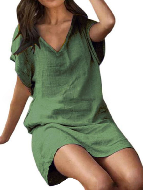 Women's Cotton linen solid color loose V-neck short-sleeved dress