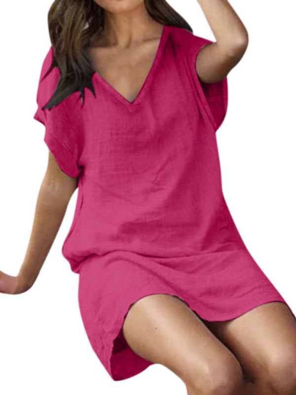 Women's Cotton linen solid color loose V-neck short-sleeved dress