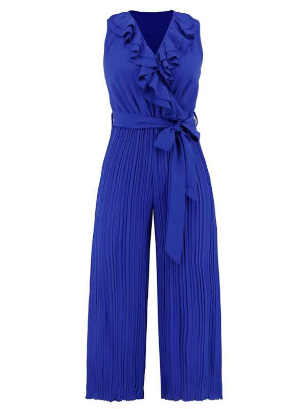 Women's Solid Color Ruffle Rim Waist Tie Jumpsuit