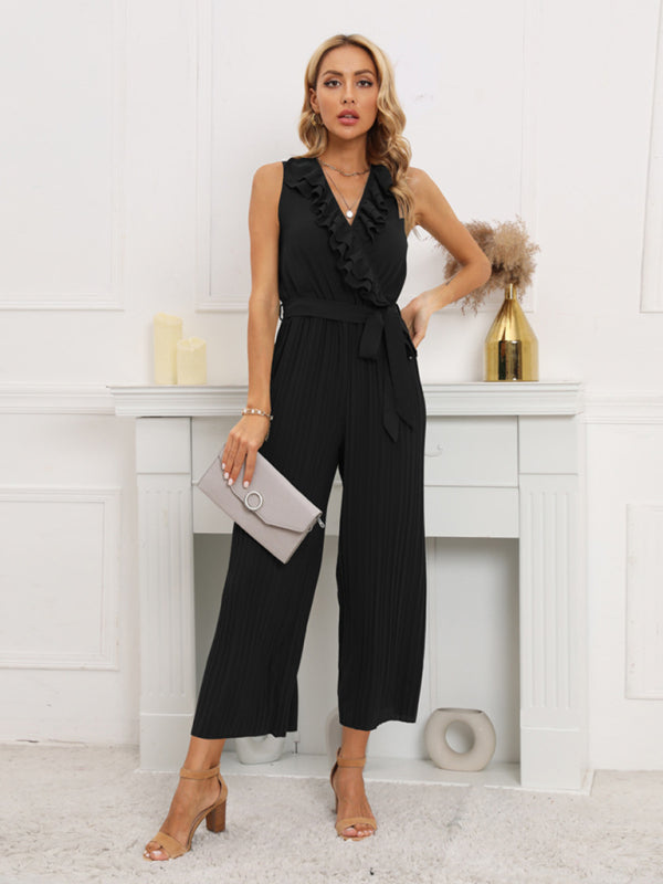 Women's Solid Color Ruffle Rim Waist Tie Jumpsuit