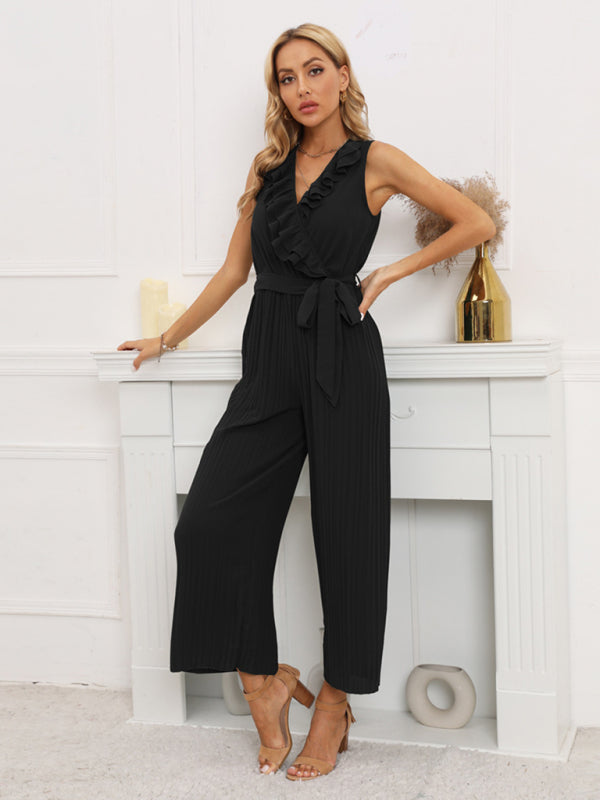 Women's Solid Color Ruffle Rim Waist Tie Jumpsuit