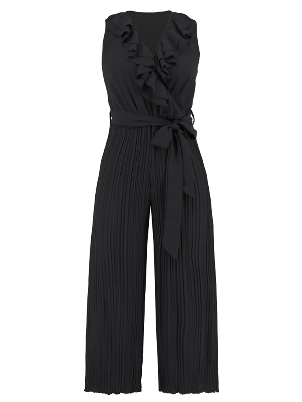 Women's Solid Color Ruffle Rim Waist Tie Jumpsuit