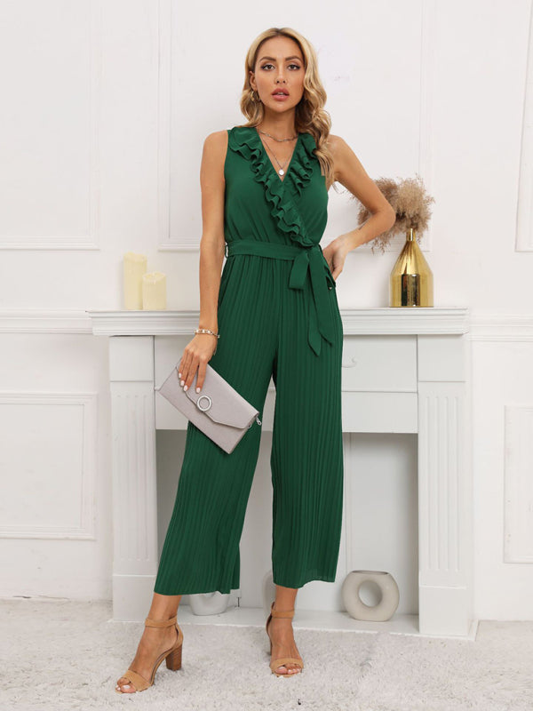 Women's Solid Color Ruffle Rim Waist Tie Jumpsuit