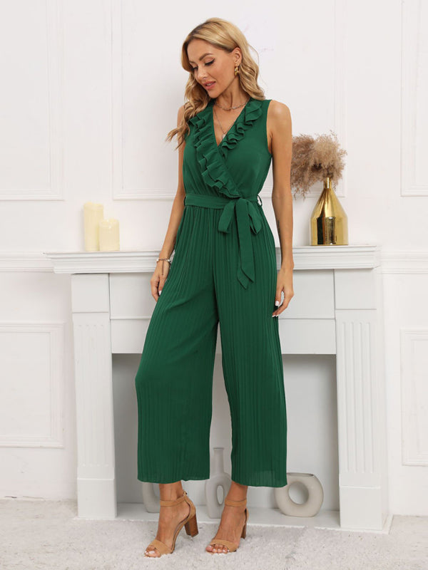 Women's Solid Color Ruffle Rim Waist Tie Jumpsuit