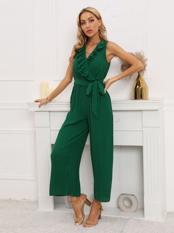 Women's Solid Color Ruffle Rim Waist Tie Jumpsuit