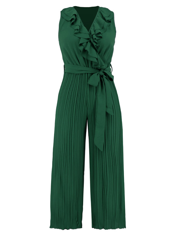 Women's Solid Color Ruffle Rim Waist Tie Jumpsuit