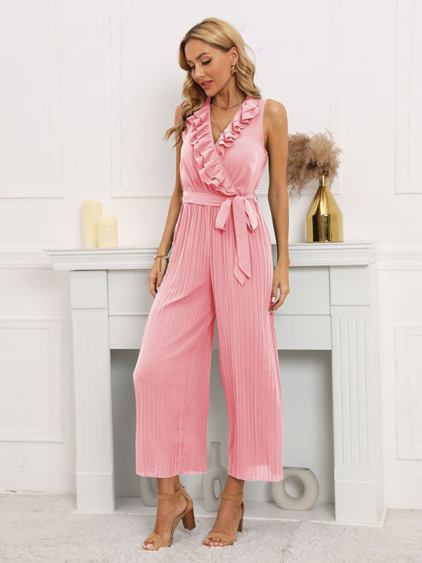 Women's Solid Color Ruffle Rim Waist Tie Jumpsuit