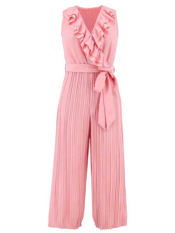 Women's Solid Color Ruffle Rim Waist Tie Jumpsuit