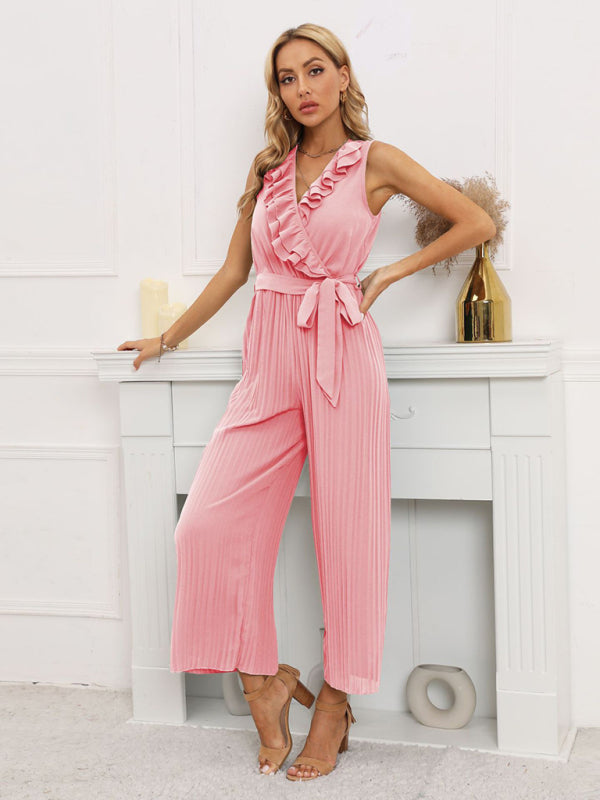 Women's Solid Color Ruffle Rim Waist Tie Jumpsuit